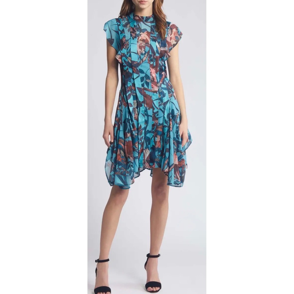 AllSaints Fleur Batu Dress Lagoon Blue Floral Pleated Handkerchief Hem US 0 NEW